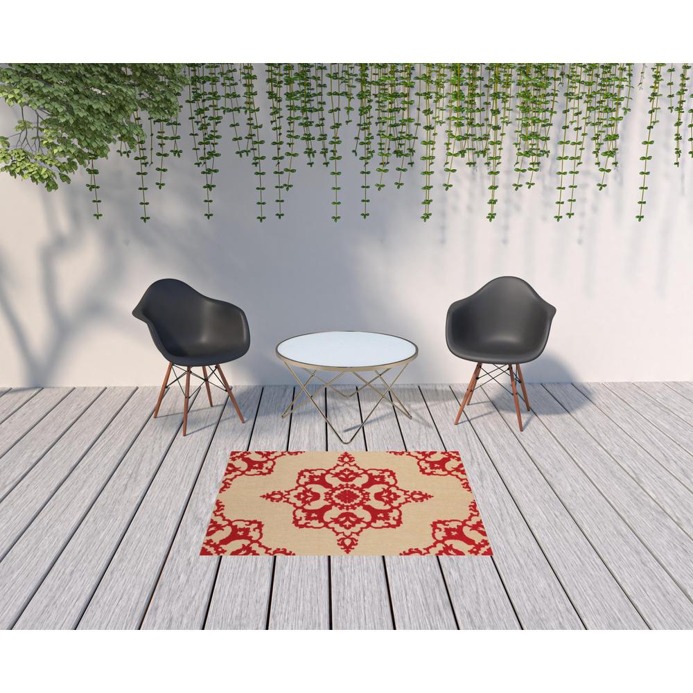 4' x 5' Red Oriental Stain Resistant Indoor Outdoor Area Rug. Picture 2