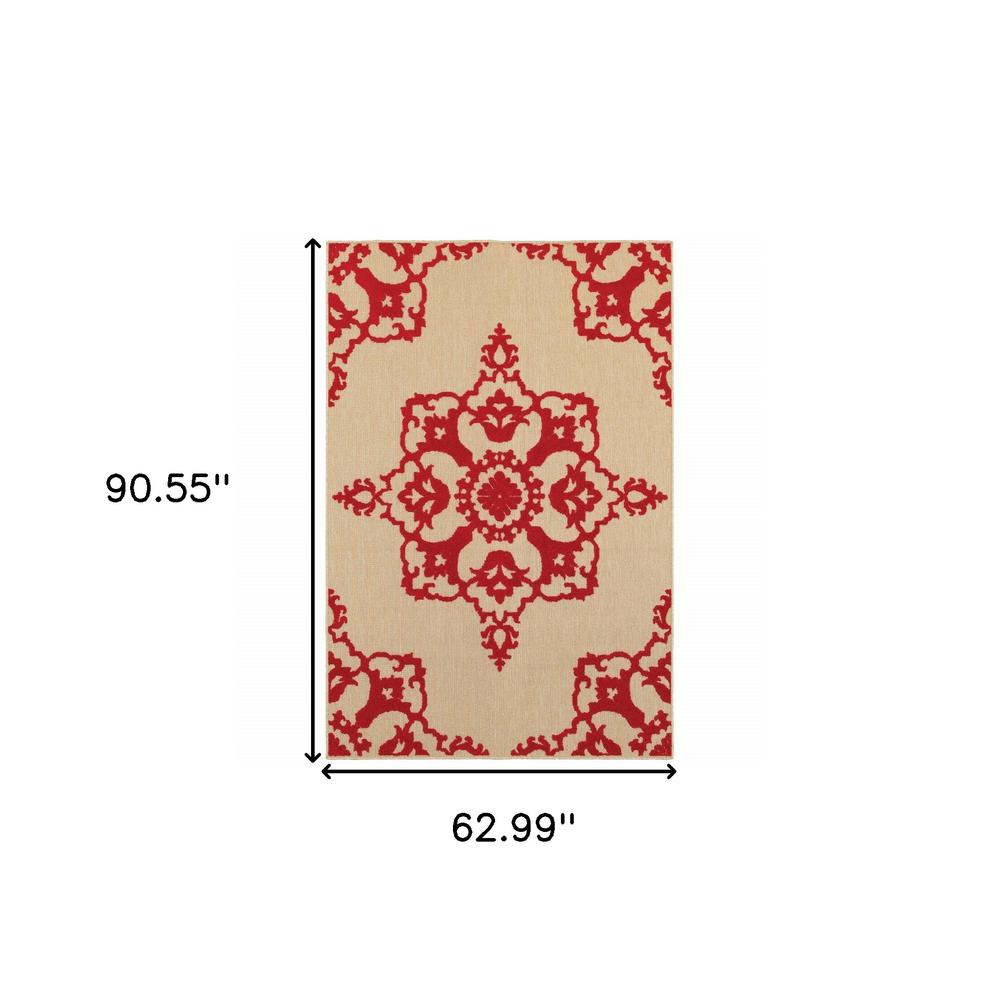 5' x 8' Red Oriental Stain Resistant Indoor Outdoor Area Rug. Picture 5