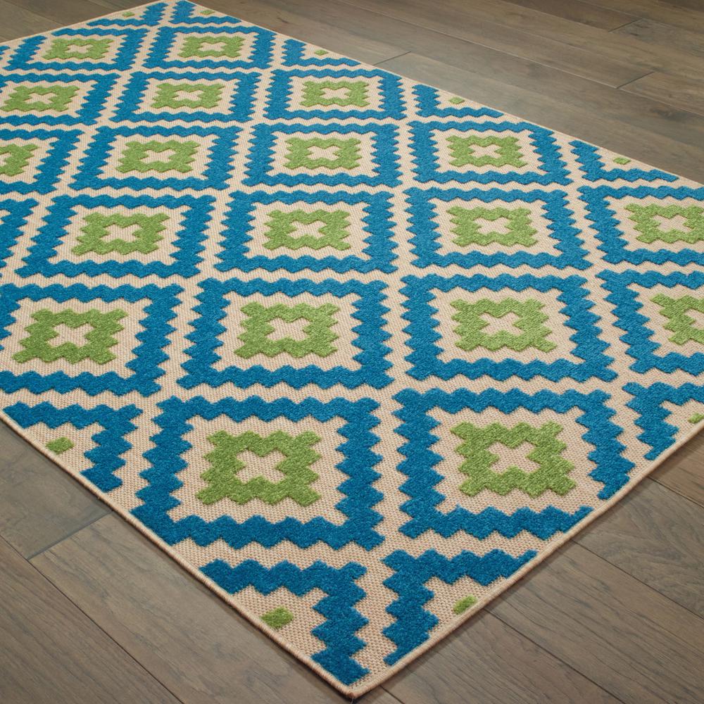 2' x 3' Blue and Beige Geometric Stain Resistant Indoor Outdoor Area Rug. Picture 4