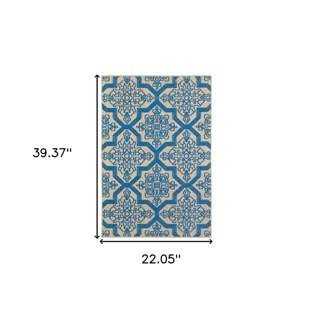 2' x 3' Blue and Beige Oriental Stain Resistant Indoor Outdoor Area Rug. Picture 5