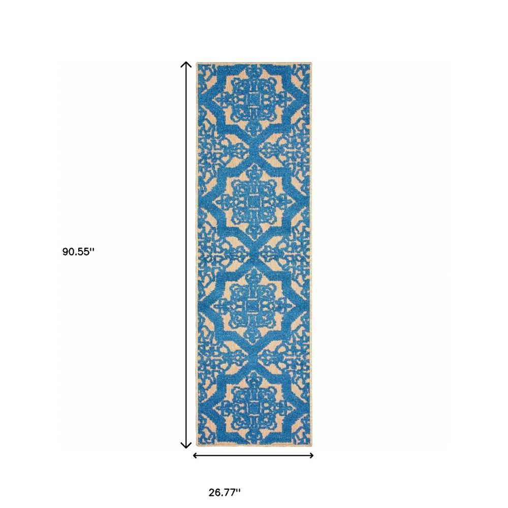 2' X 8' Blue and Beige Oriental Stain Resistant Indoor Outdoor Area Rug. Picture 5