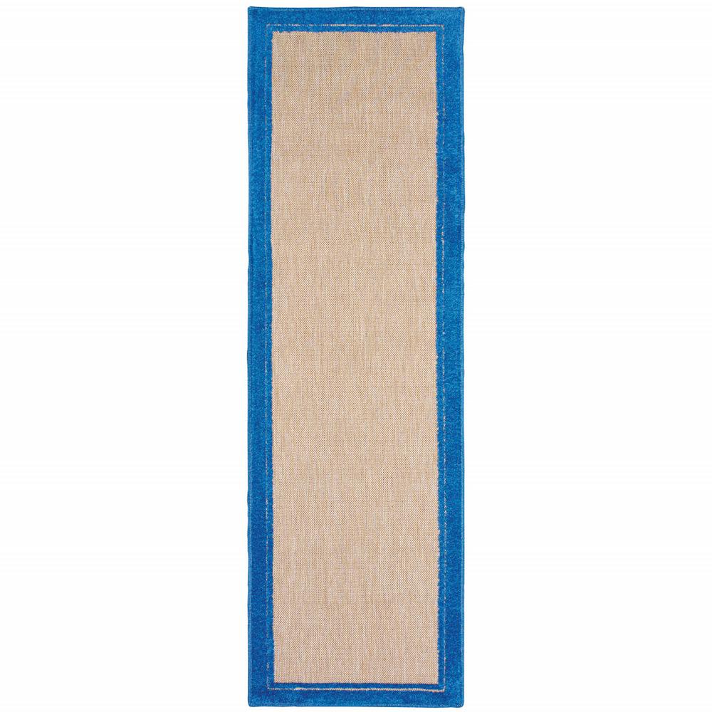 2' X 8' Blue and Beige Stain Resistant Indoor Outdoor Area Rug. Picture 1