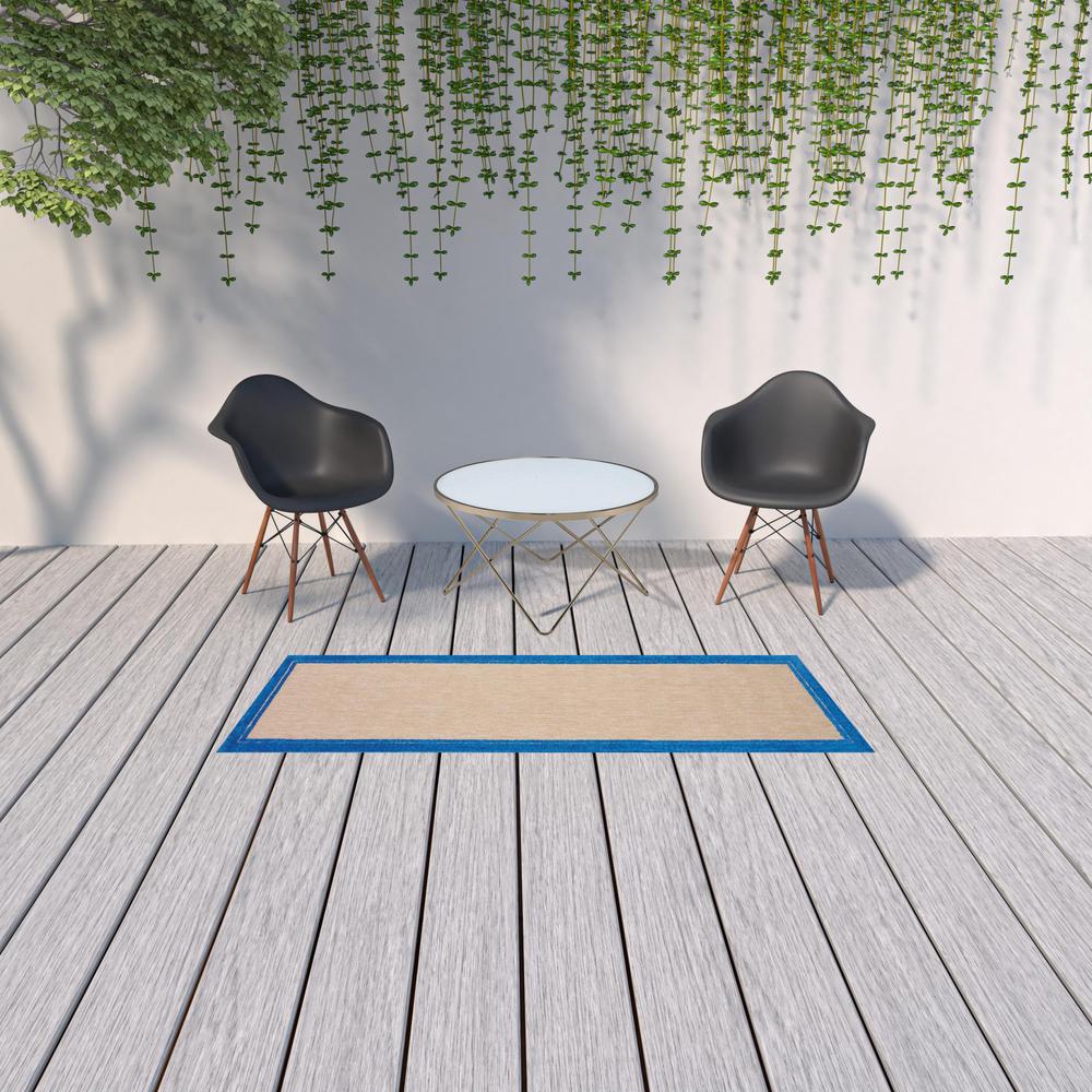 2' X 8' Blue and Beige Stain Resistant Indoor Outdoor Area Rug. Picture 2