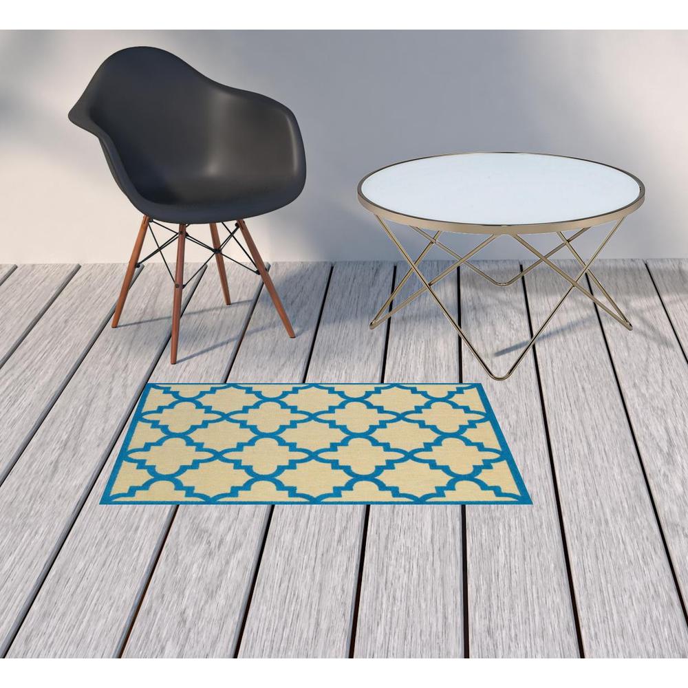 2' x 3' Blue and Beige Geometric Stain Resistant Indoor Outdoor Area Rug. Picture 2