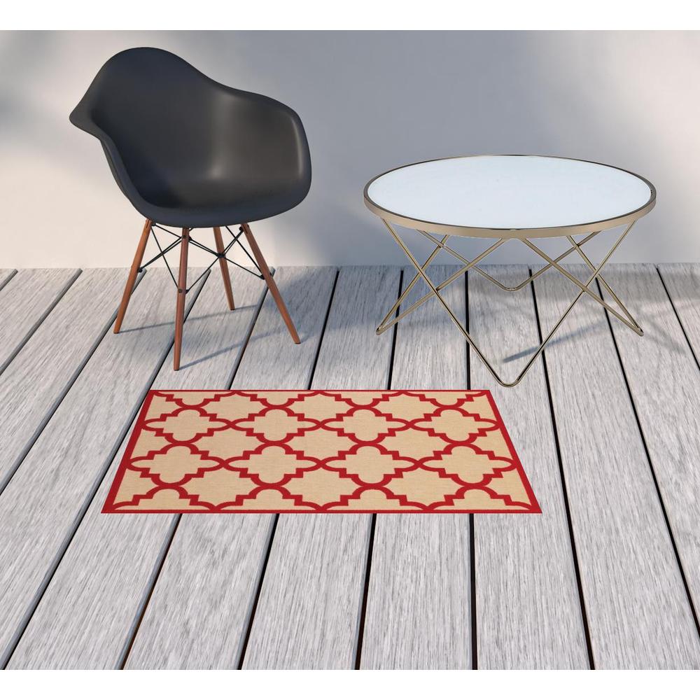 2' x 3' Red Geometric Stain Resistant Indoor Outdoor Area Rug. Picture 2