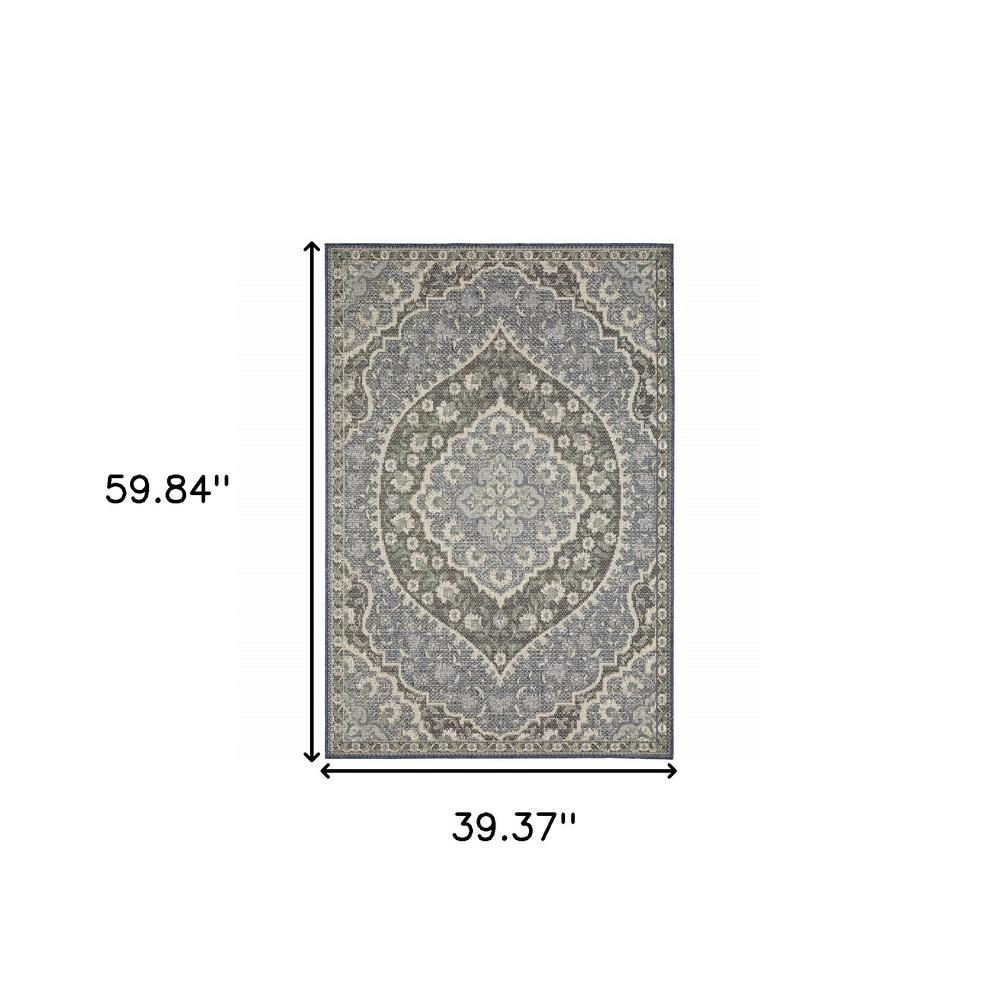 3' X 5' Blue and Green Oriental Stain Resistant Indoor Outdoor Area Rug. Picture 9