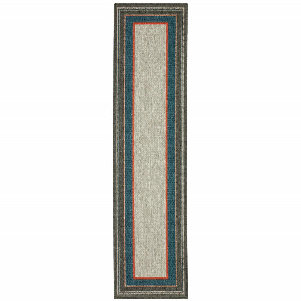 2' X 8' Blue and Gray Stain Resistant Indoor Outdoor Area Rug. Picture 1