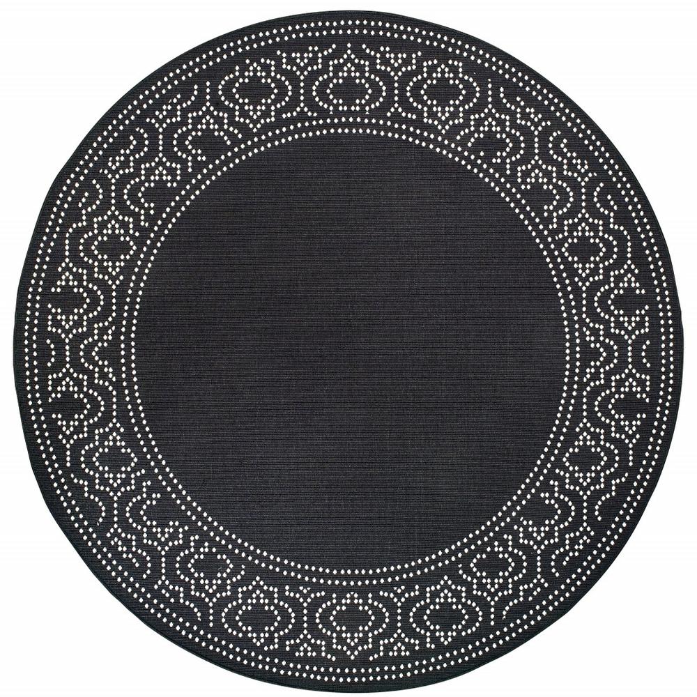 8' x 8' Black and Ivory Round Stain Resistant Indoor Outdoor Area Rug. Picture 1