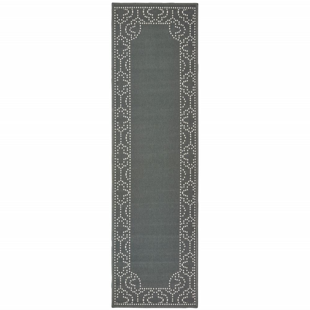 2' X 8' Gray and Ivory Stain Resistant Indoor Outdoor Area Rug. Picture 1