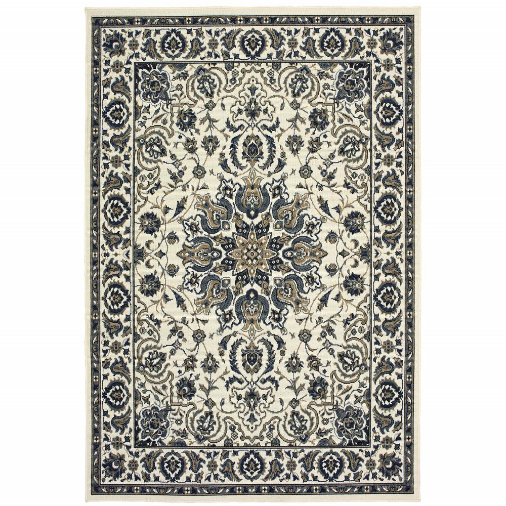 2' X 4' Ivory and Blue Oriental Stain Resistant Indoor Outdoor Area Rug. Picture 1