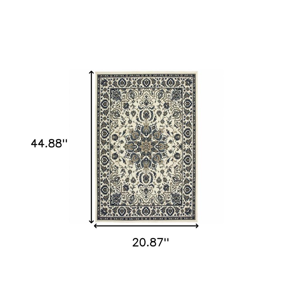 2' X 4' Ivory and Blue Oriental Stain Resistant Indoor Outdoor Area Rug. Picture 5
