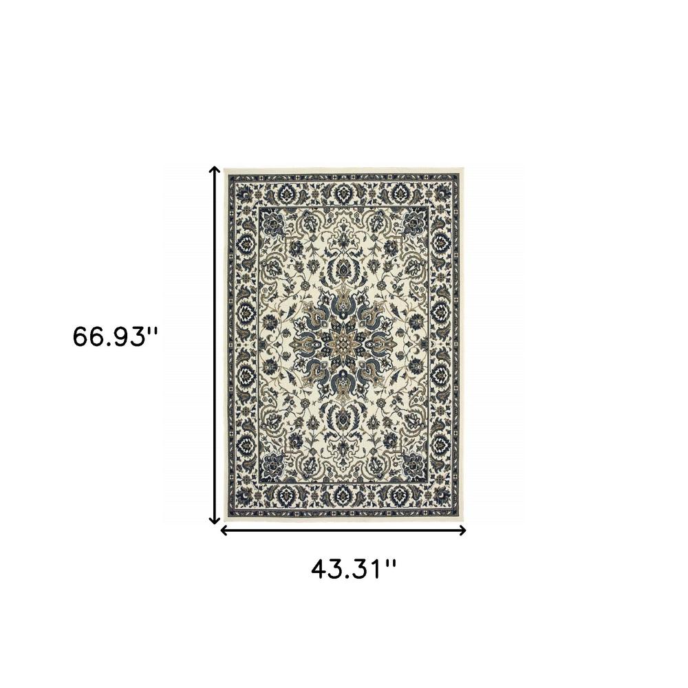 4' x 6' Ivory and Blue Oriental Stain Resistant Indoor Outdoor Area Rug. Picture 5