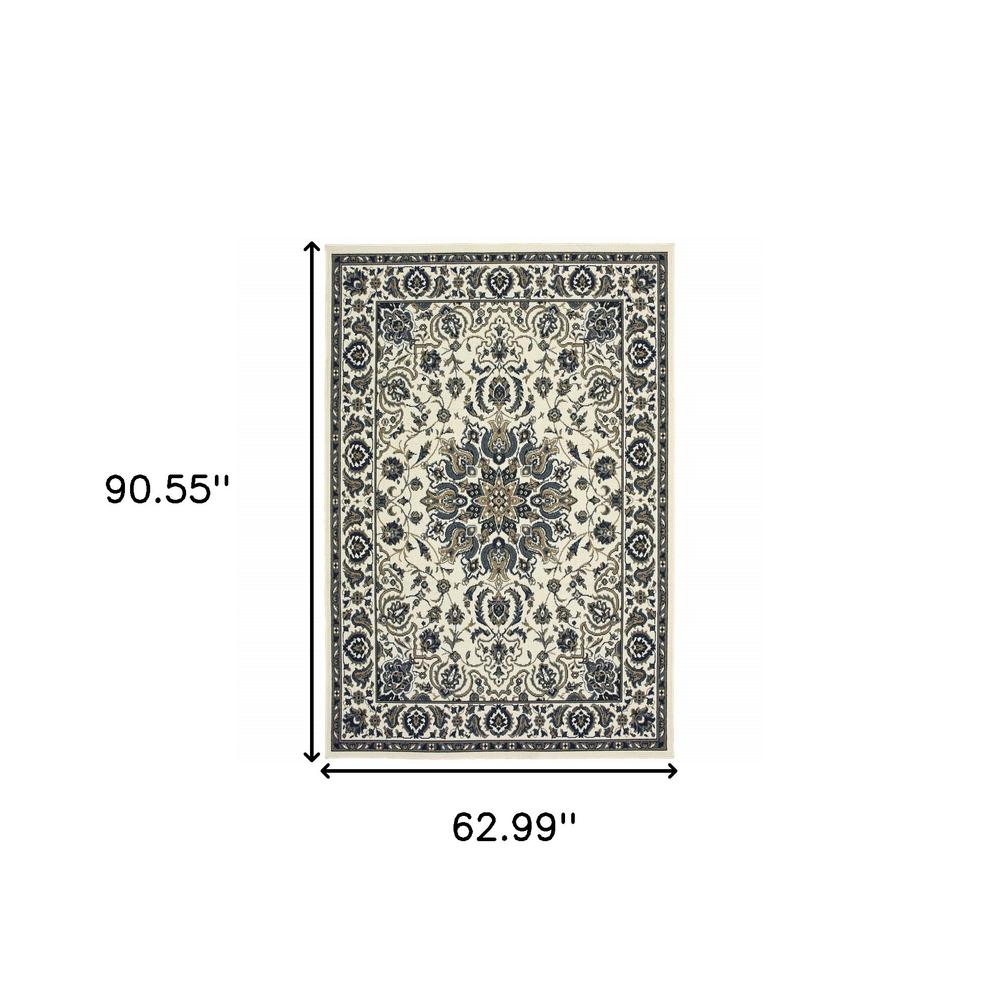 5' x 8' Ivory and Blue Oriental Stain Resistant Indoor Outdoor Area Rug. Picture 5