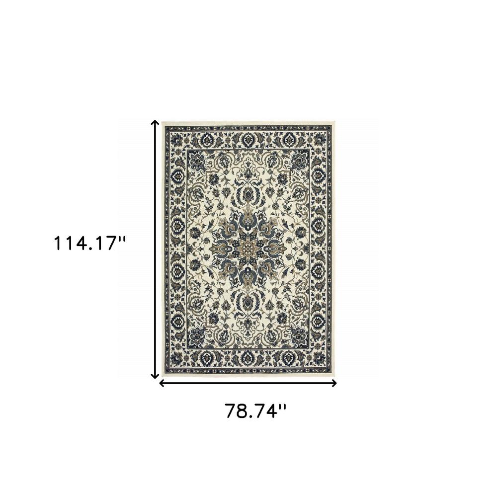 7' x 10' Ivory and Blue Oriental Stain Resistant Indoor Outdoor Area Rug. Picture 5