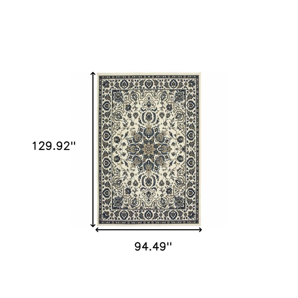 8' x 11' Ivory and Blue Oriental Stain Resistant Indoor Outdoor Area Rug. Picture 5
