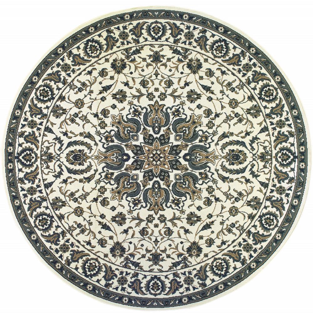 8' x 8' Ivory and Blue Round Oriental Stain Resistant Indoor Outdoor Area Rug. Picture 1