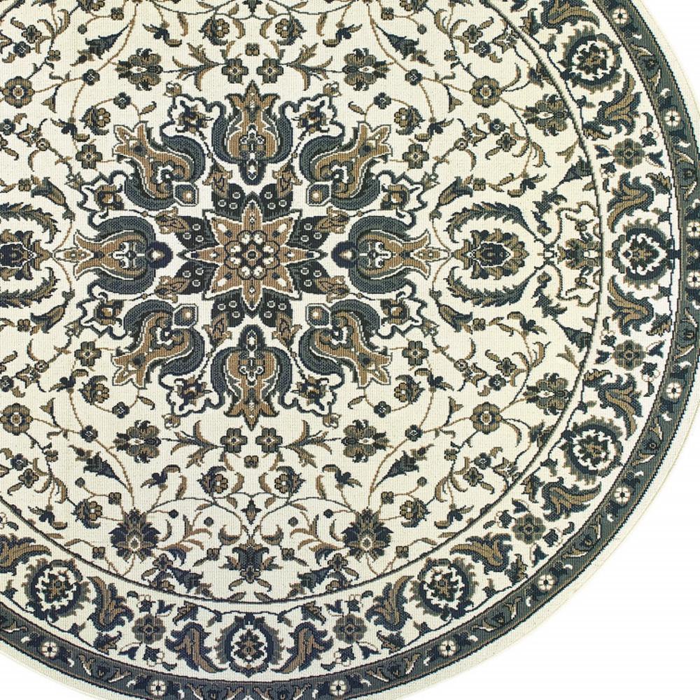 8' x 8' Ivory and Blue Round Oriental Stain Resistant Indoor Outdoor Area Rug. Picture 3