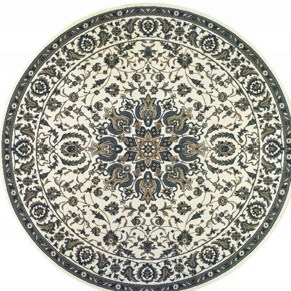 8' x 8' Ivory and Blue Round Oriental Stain Resistant Indoor Outdoor Area Rug. Picture 4