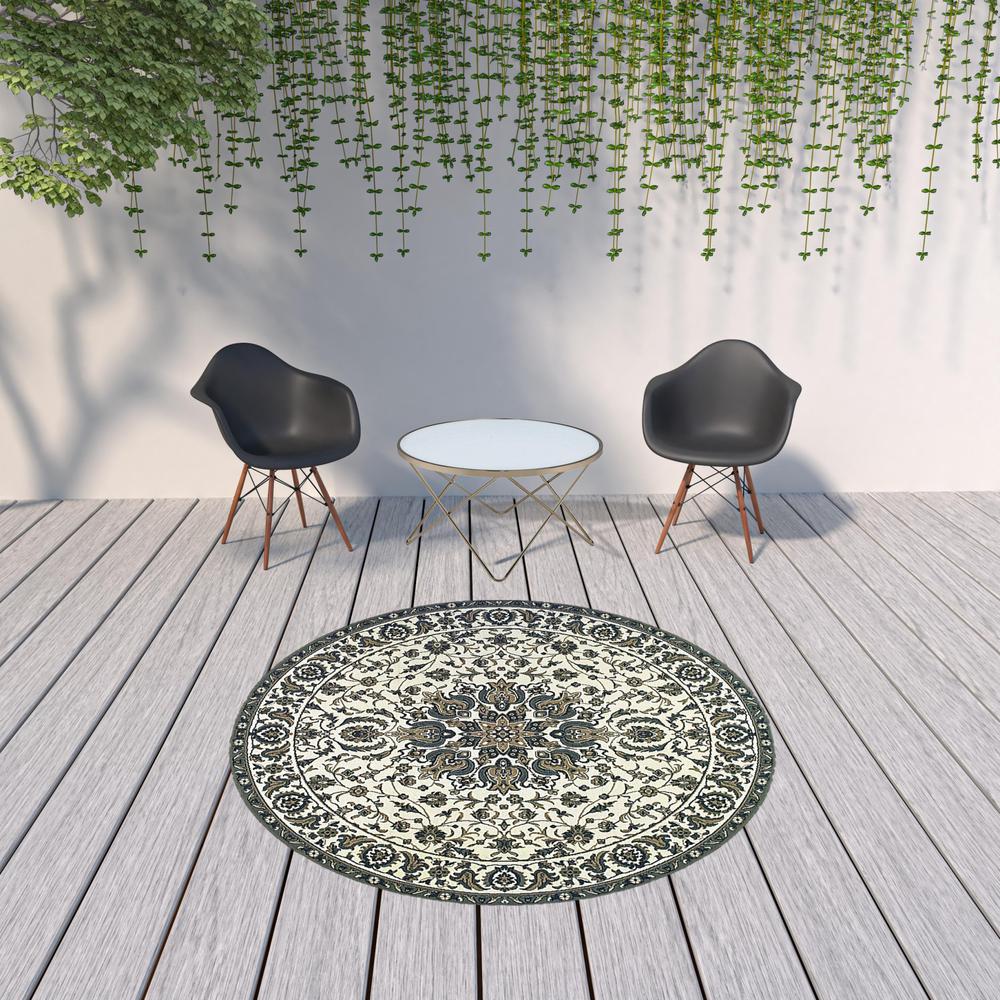8' x 8' Ivory and Blue Round Oriental Stain Resistant Indoor Outdoor Area Rug. Picture 2