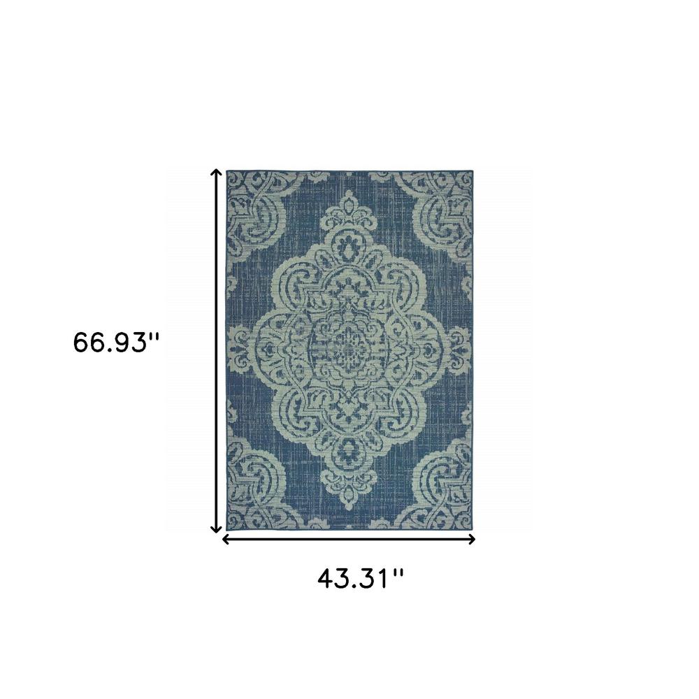 4' x 6' Blue Oriental Stain Resistant Indoor Outdoor Area Rug. Picture 5