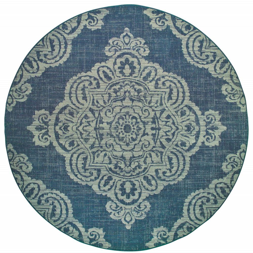8' x 8' Blue Round Oriental Stain Resistant Indoor Outdoor Area Rug. Picture 1