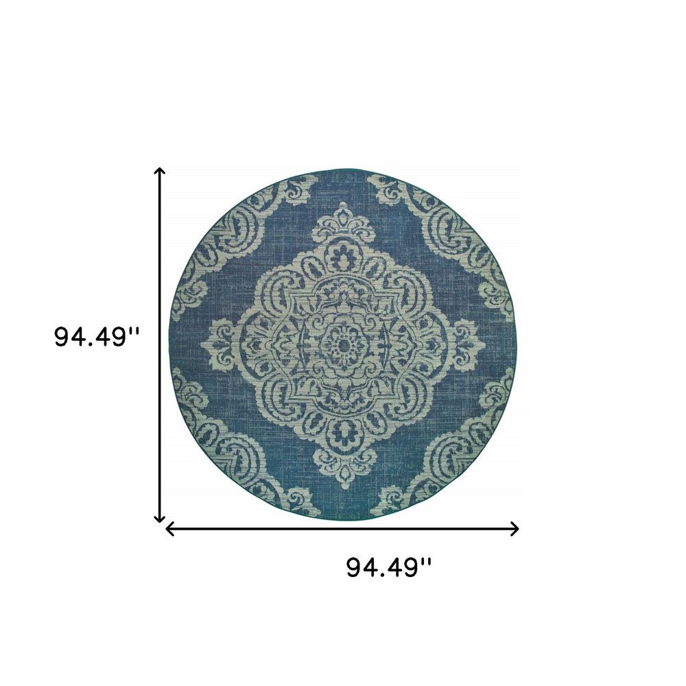 8' x 8' Blue Round Oriental Stain Resistant Indoor Outdoor Area Rug. Picture 5