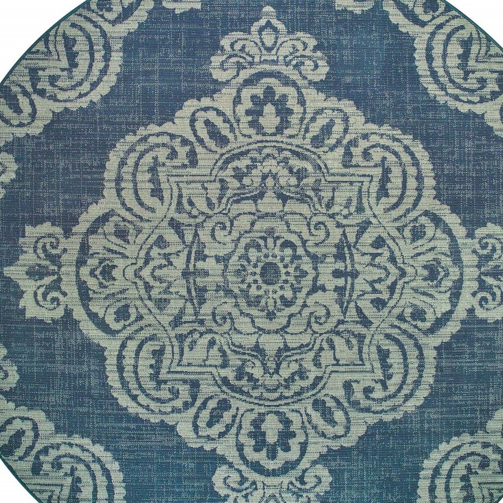 8' x 8' Blue Round Oriental Stain Resistant Indoor Outdoor Area Rug. Picture 3