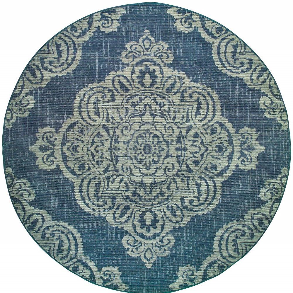 8' x 8' Blue Round Oriental Stain Resistant Indoor Outdoor Area Rug. Picture 4