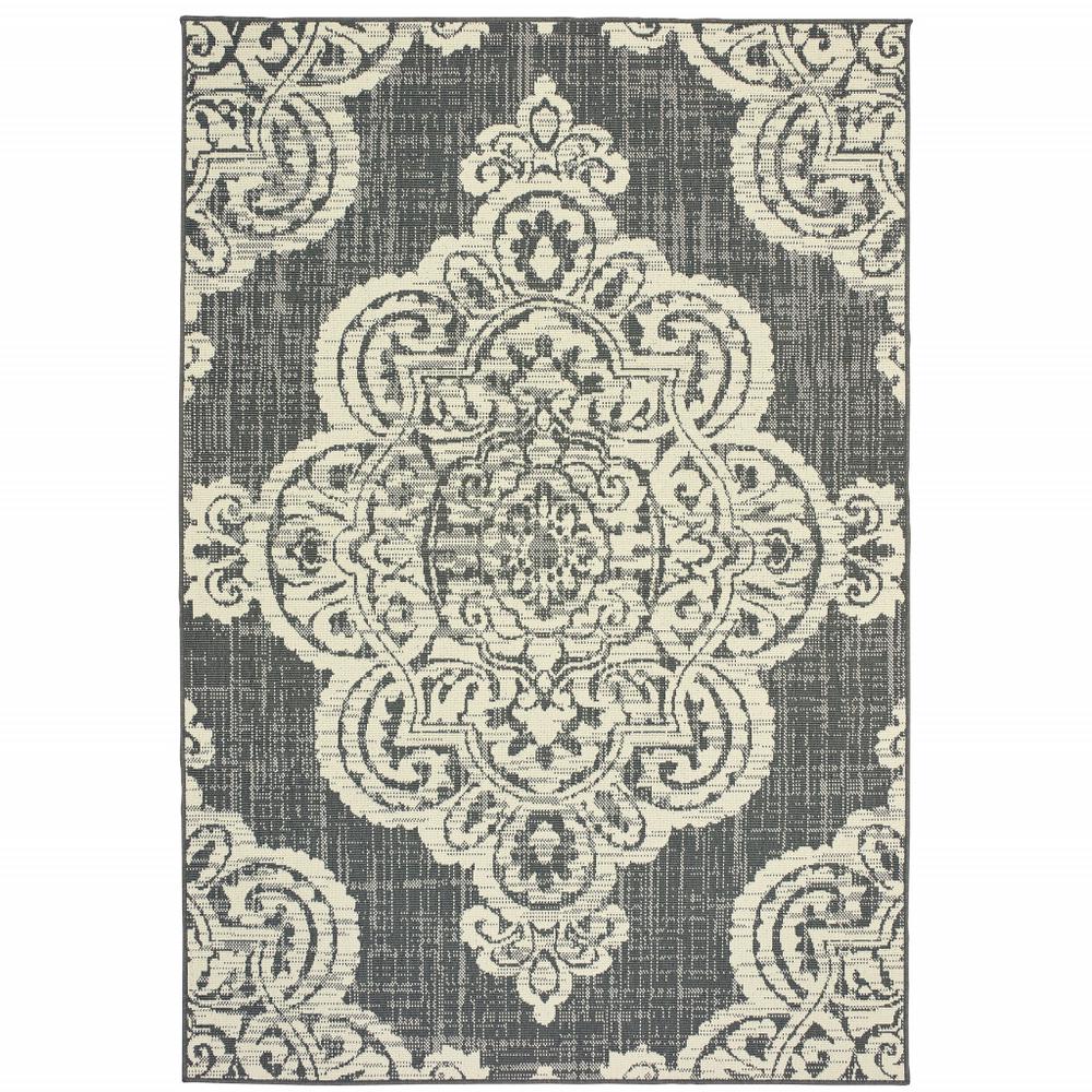 2' X 4' Gray and Ivory Oriental Stain Resistant Indoor Outdoor Area Rug. Picture 1