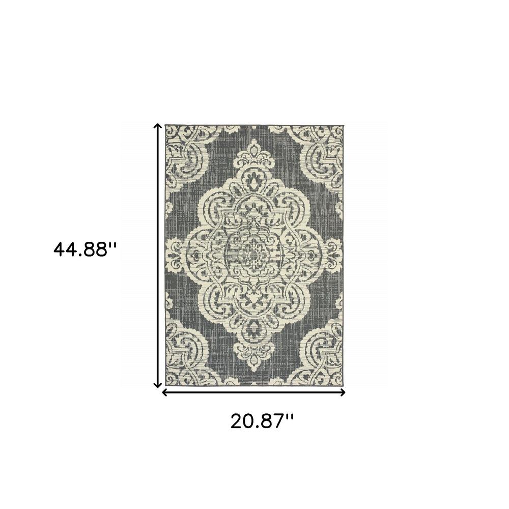 2' X 4' Gray and Ivory Oriental Stain Resistant Indoor Outdoor Area Rug. Picture 6
