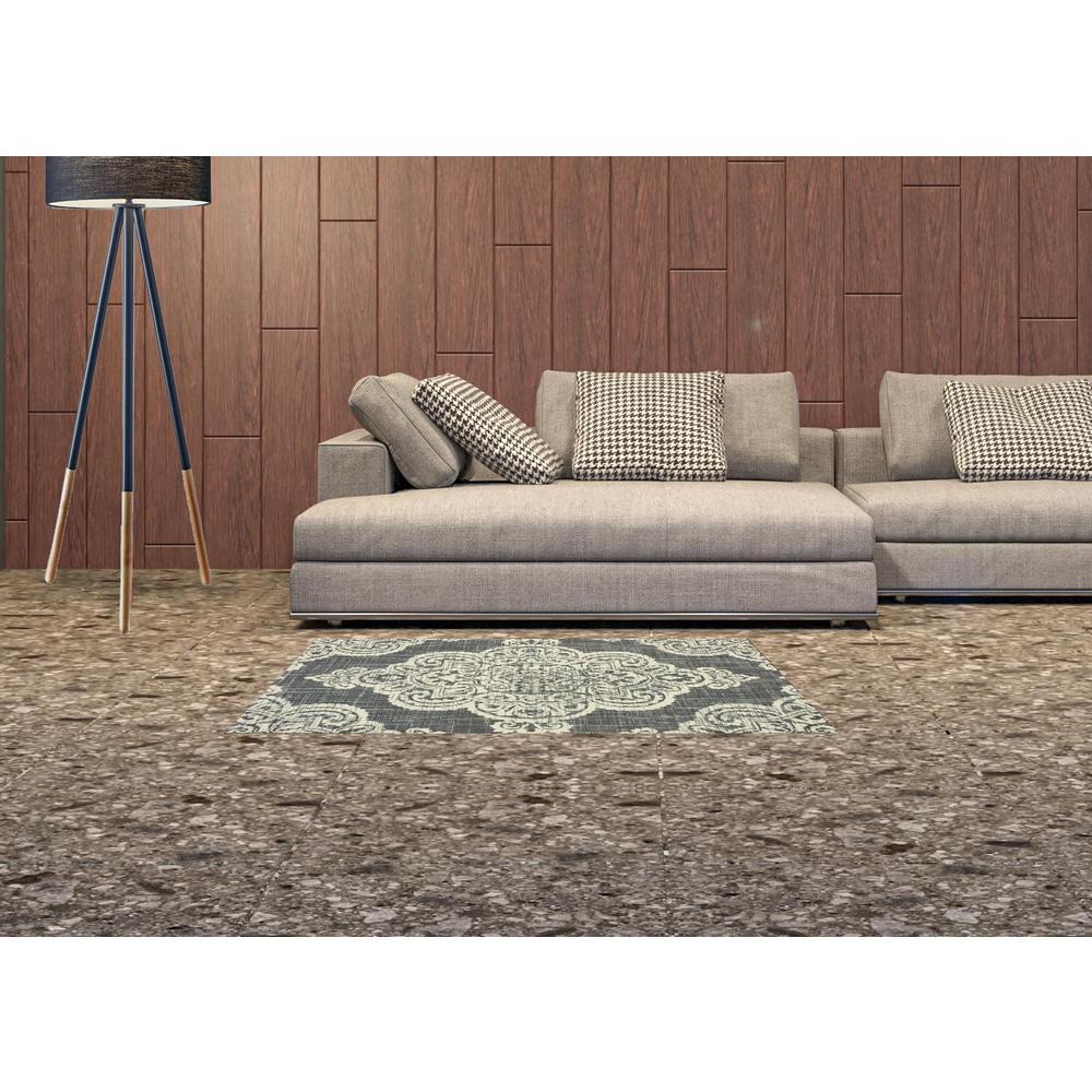 2' X 4' Gray and Ivory Oriental Stain Resistant Indoor Outdoor Area Rug. Picture 2