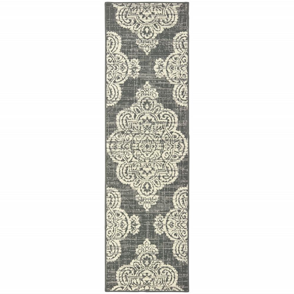 2' X 8' Gray and Ivory Oriental Stain Resistant Indoor Outdoor Area Rug. Picture 1