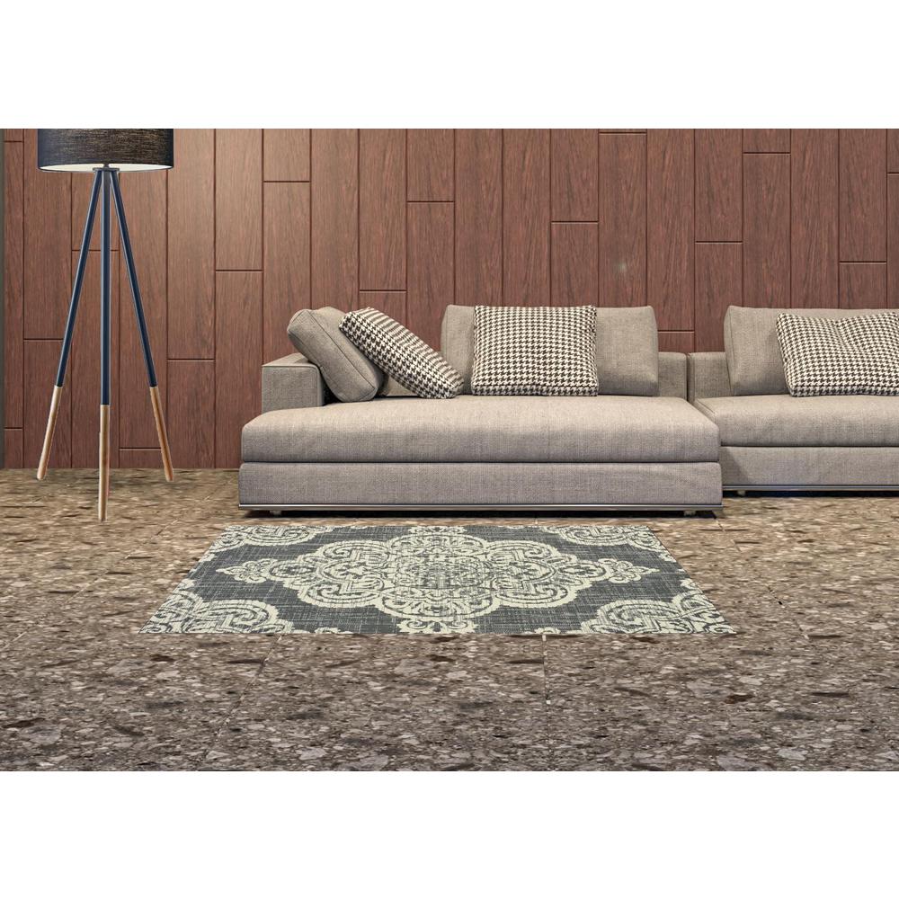 2' X 4' Gray and Ivory Oriental Stain Resistant Indoor Outdoor Area Rug. Picture 2