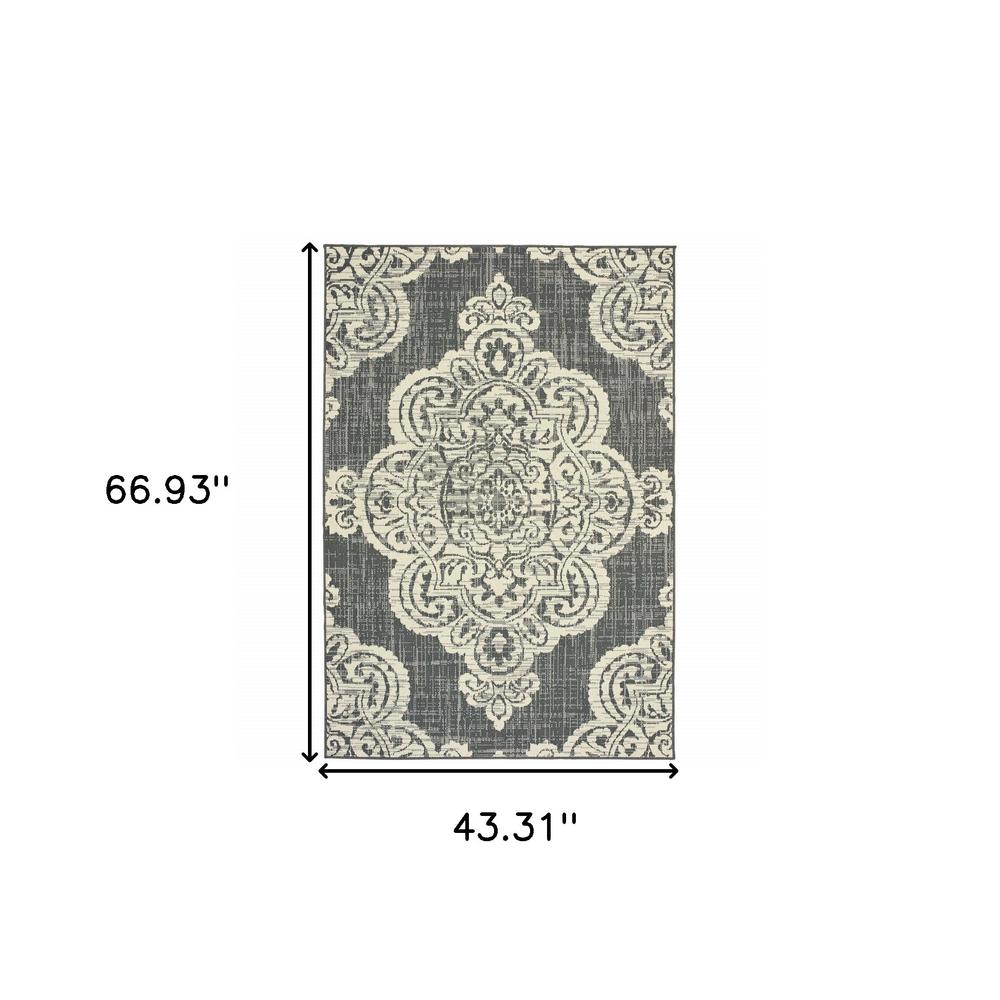 4' x 6' Gray and Ivory Oriental Stain Resistant Indoor Outdoor Area Rug. Picture 6
