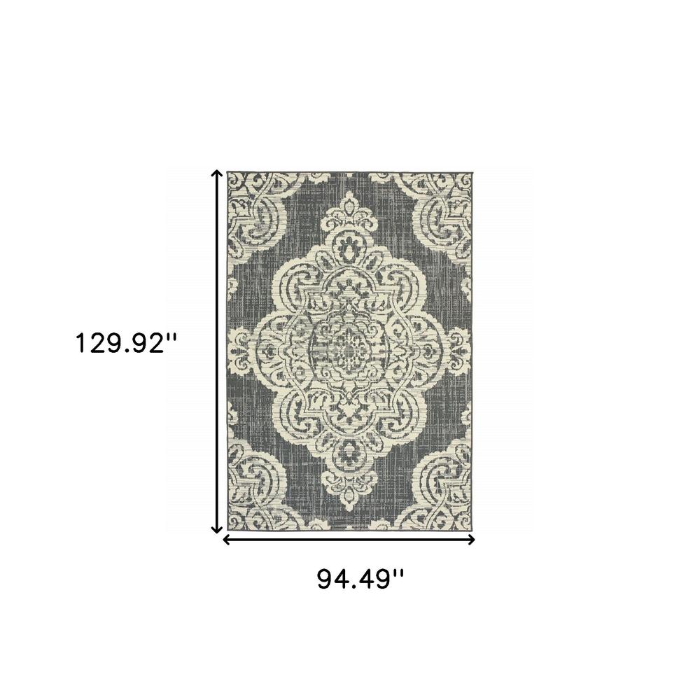 8' x 11' Gray and Ivory Oriental Stain Resistant Indoor Outdoor Area Rug. Picture 6