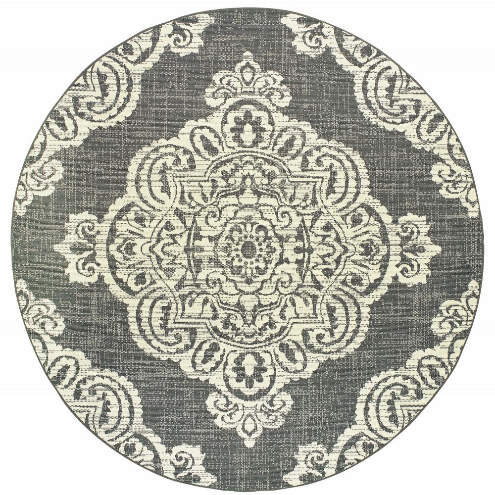 8' x 8' Gray and Ivory Round Oriental Stain Resistant Indoor Outdoor Area Rug. Picture 1