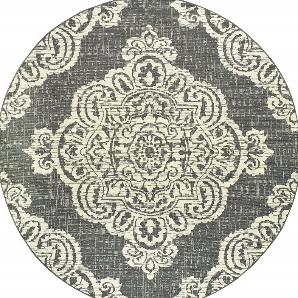 8' x 8' Gray and Ivory Round Oriental Stain Resistant Indoor Outdoor Area Rug. Picture 4