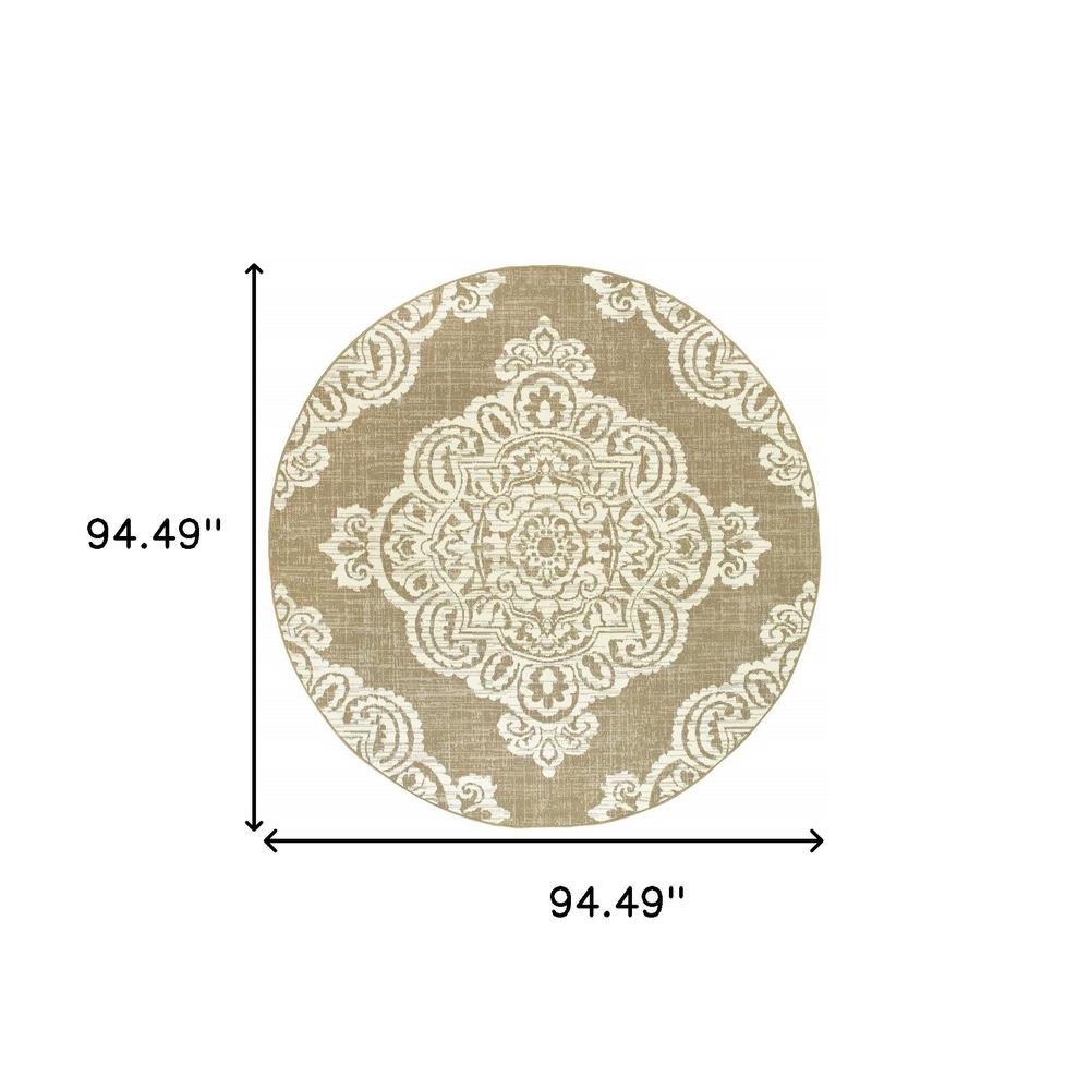 8' x 8' Tan Round Oriental Stain Resistant Indoor Outdoor Area Rug. Picture 5