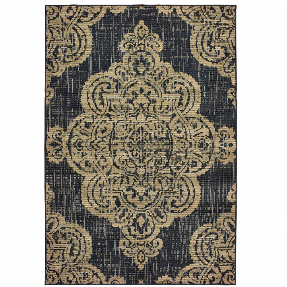 2' X 4' Black and Tan Oriental Stain Resistant Indoor Outdoor Area Rug. Picture 1