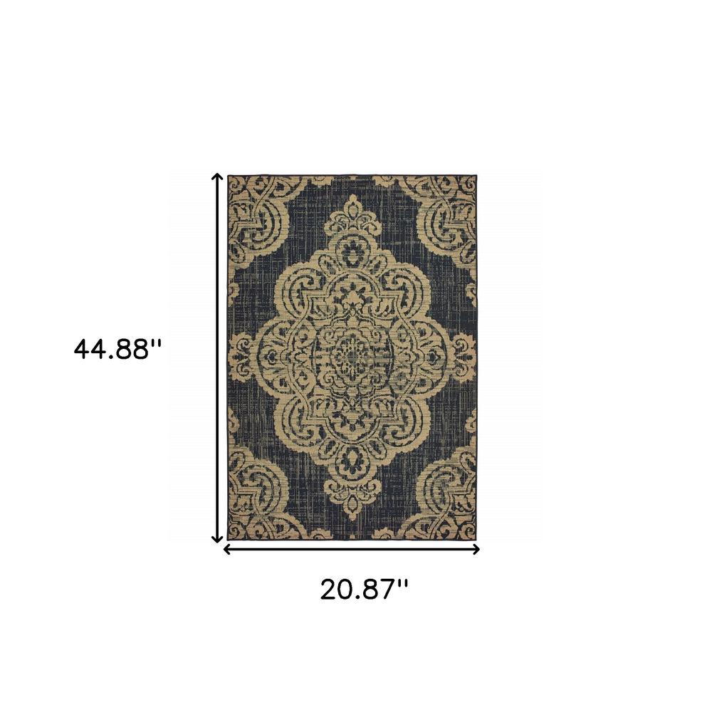 2' X 4' Black and Tan Oriental Stain Resistant Indoor Outdoor Area Rug. Picture 5