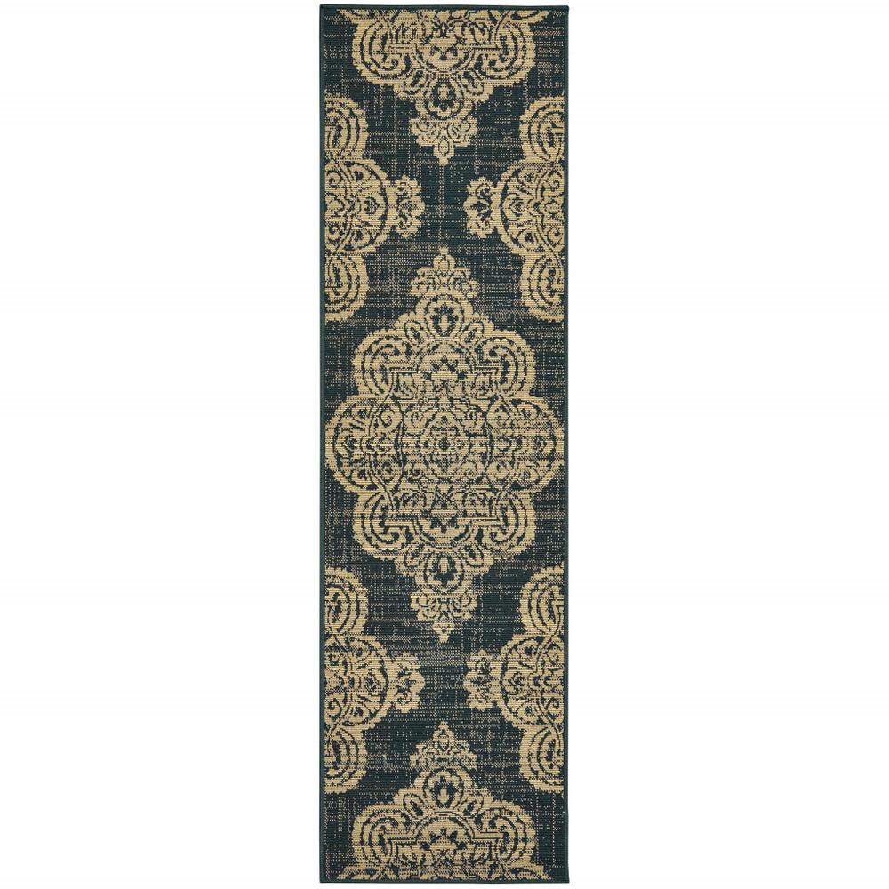 2' X 8' Black and Tan Oriental Stain Resistant Indoor Outdoor Area Rug. Picture 1