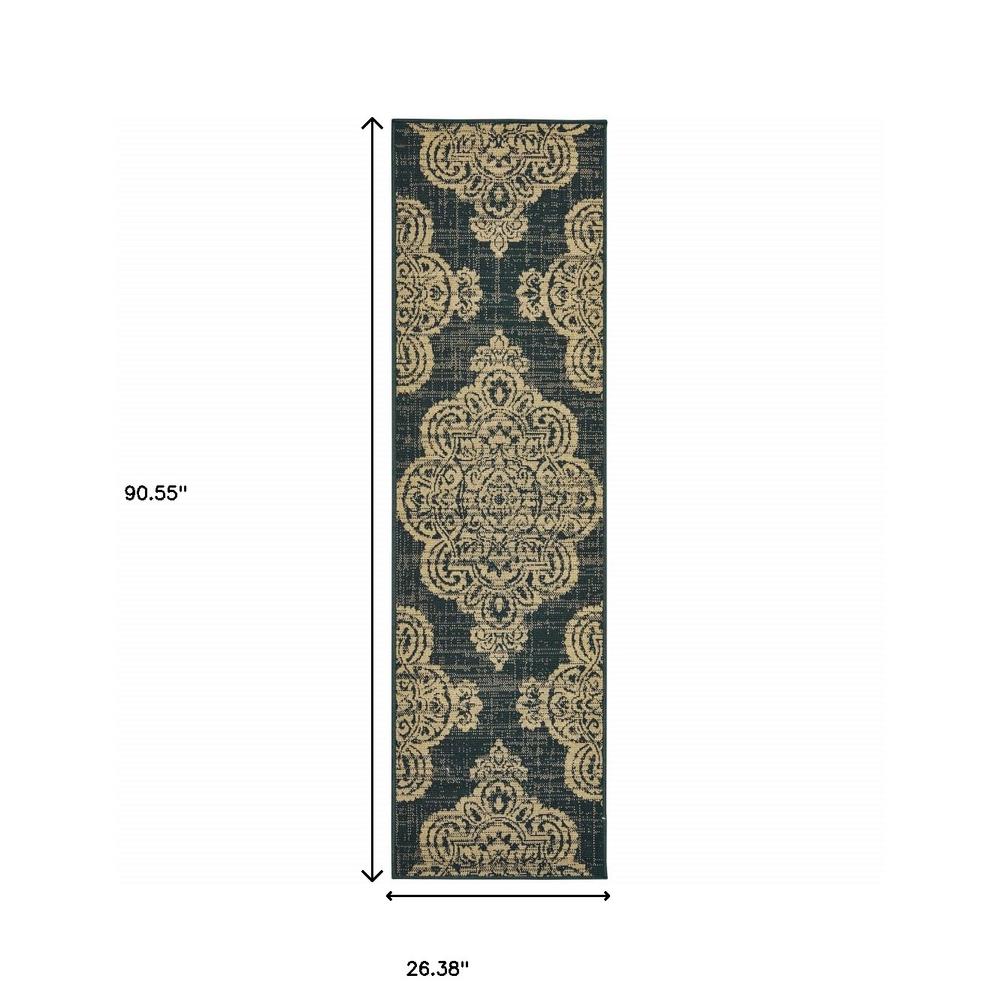 2' X 8' Black and Tan Oriental Stain Resistant Indoor Outdoor Area Rug. Picture 5