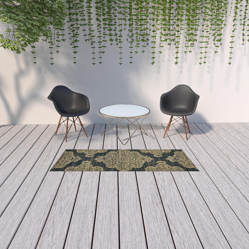 2' X 8' Black and Tan Oriental Stain Resistant Indoor Outdoor Area Rug. Picture 2
