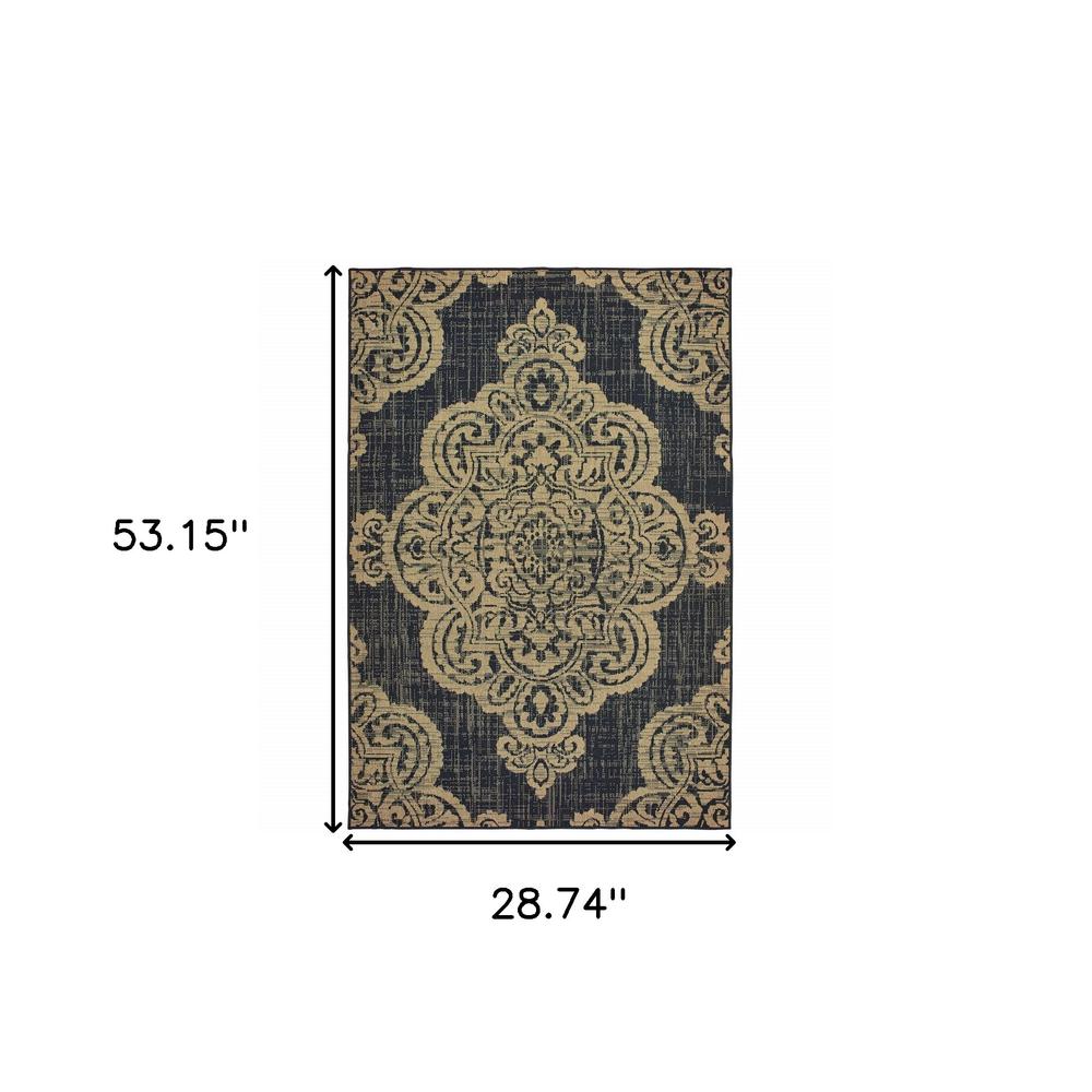 2' X 4' Black and Tan Oriental Stain Resistant Indoor Outdoor Area Rug. Picture 5