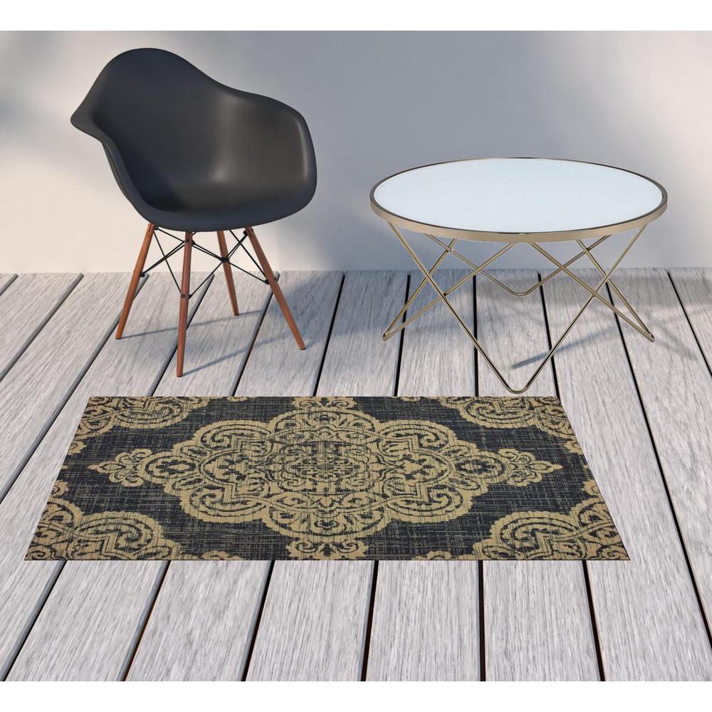 2' X 4' Black and Tan Oriental Stain Resistant Indoor Outdoor Area Rug. Picture 2