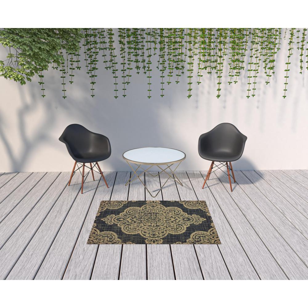 4' x 6' Black and Tan Oriental Stain Resistant Indoor Outdoor Area Rug. Picture 2