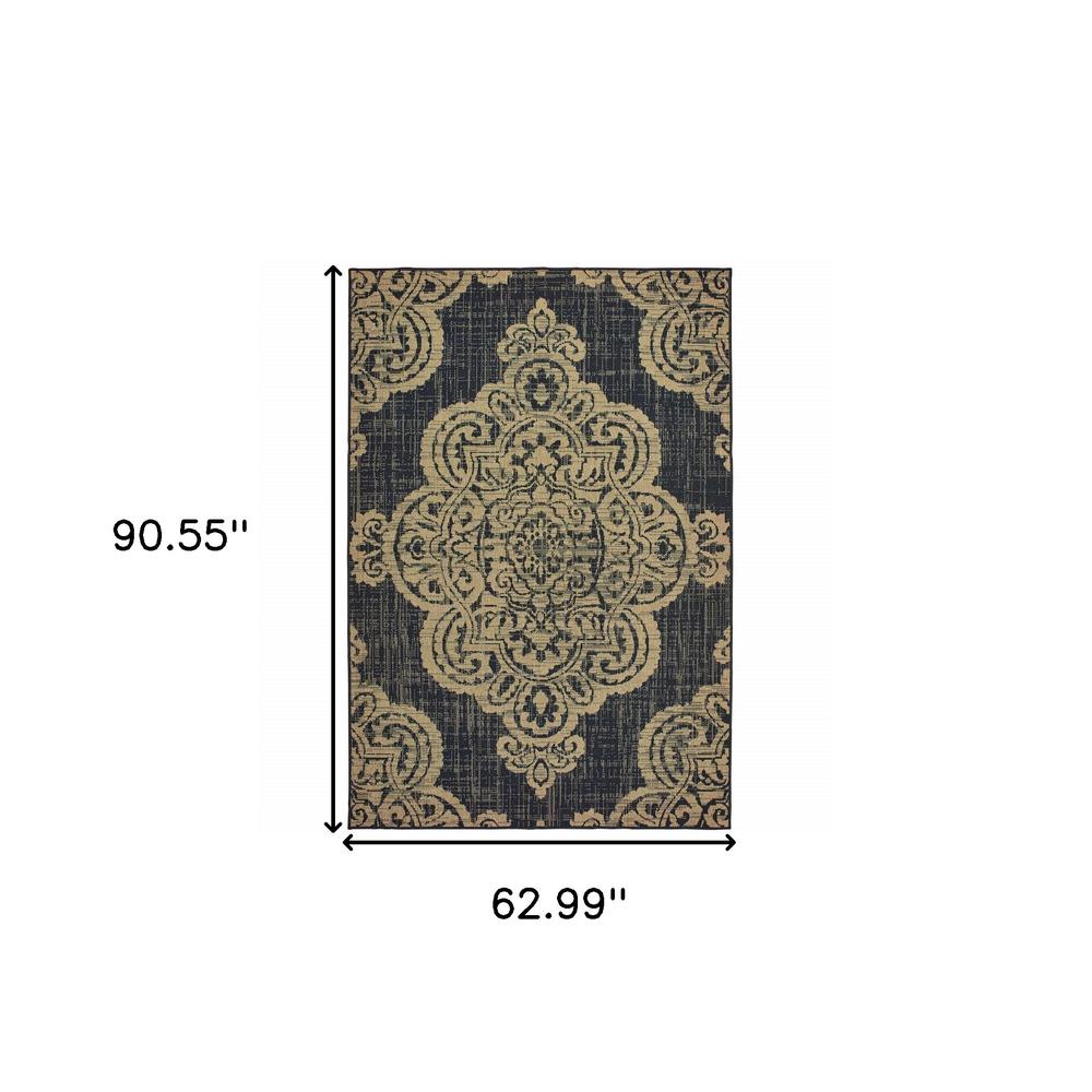 5' x 8' Black and Tan Oriental Stain Resistant Indoor Outdoor Area Rug. Picture 5