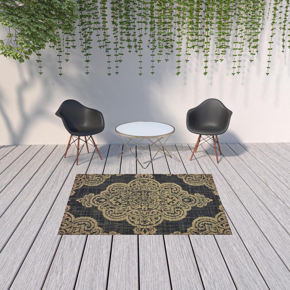5' x 8' Black and Tan Oriental Stain Resistant Indoor Outdoor Area Rug. Picture 2