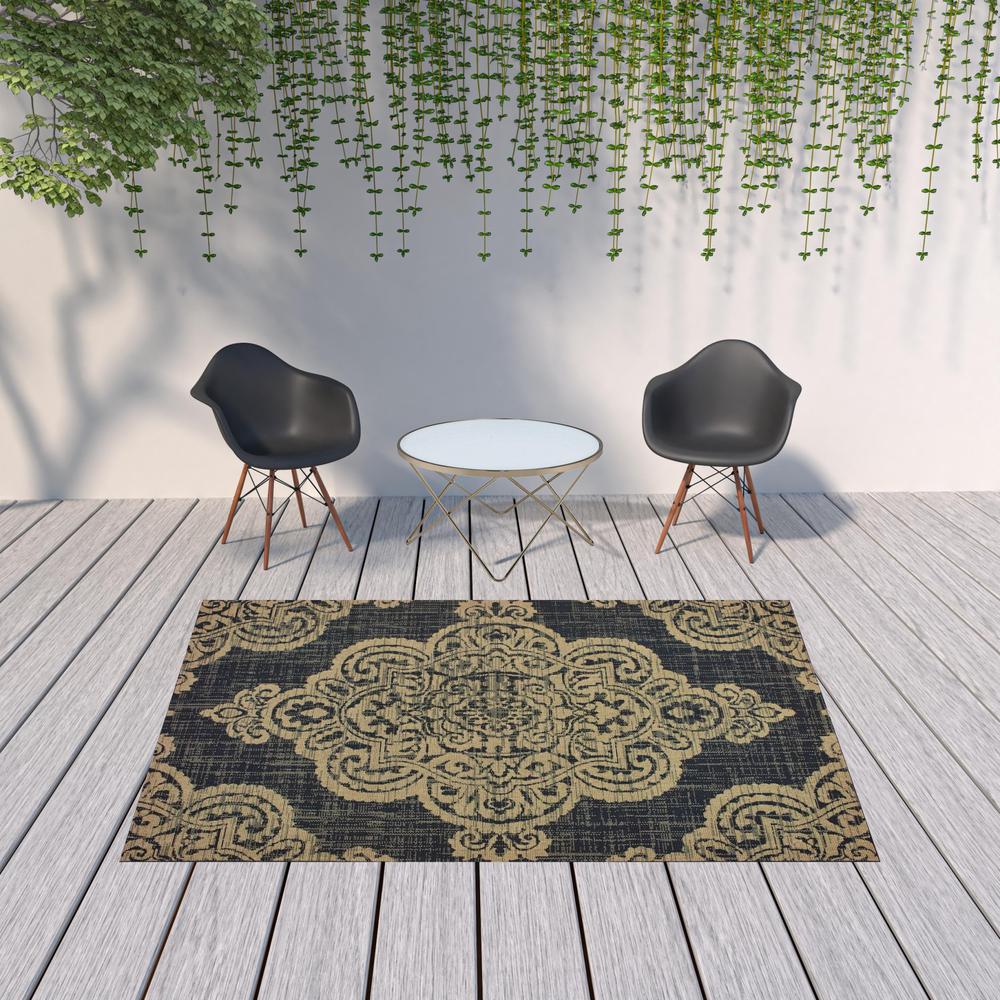 7' x 10' Black and Tan Oriental Stain Resistant Indoor Outdoor Area Rug. Picture 2