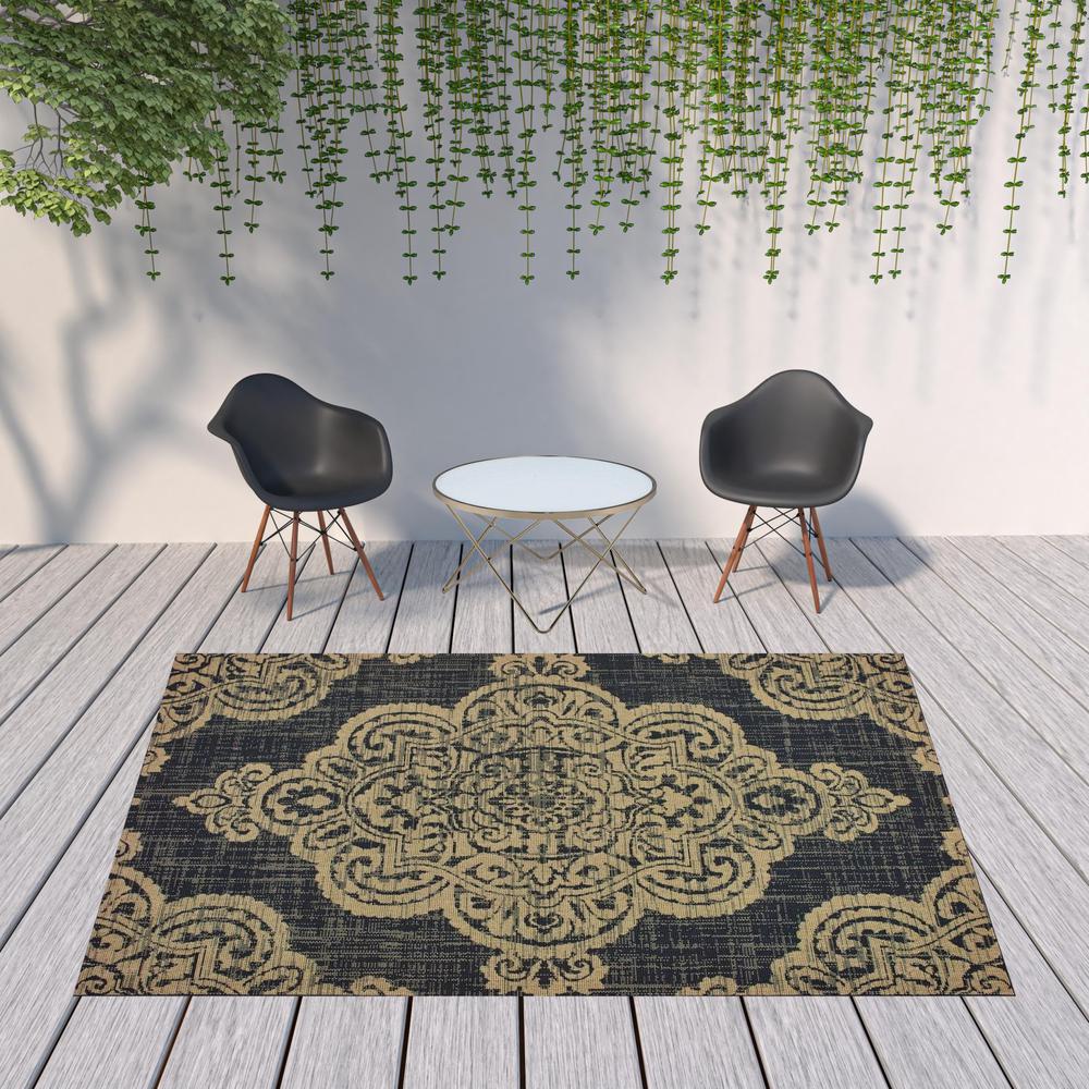 8' x 11' Black and Tan Oriental Stain Resistant Indoor Outdoor Area Rug. Picture 2